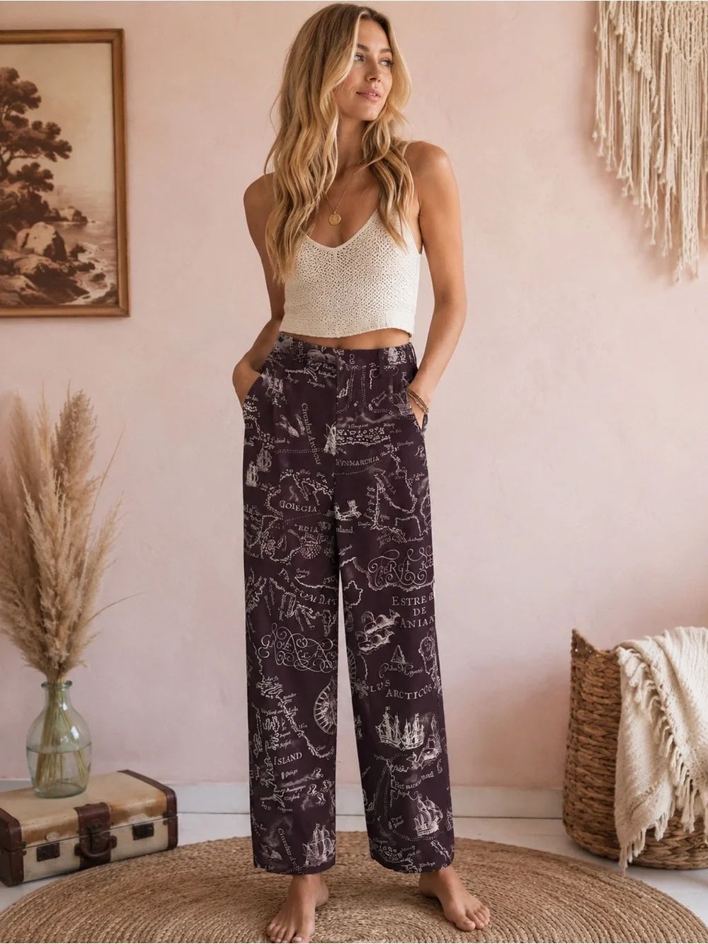 Map Print Wide Leg Pants | Brown & Cream Coastal Nautical